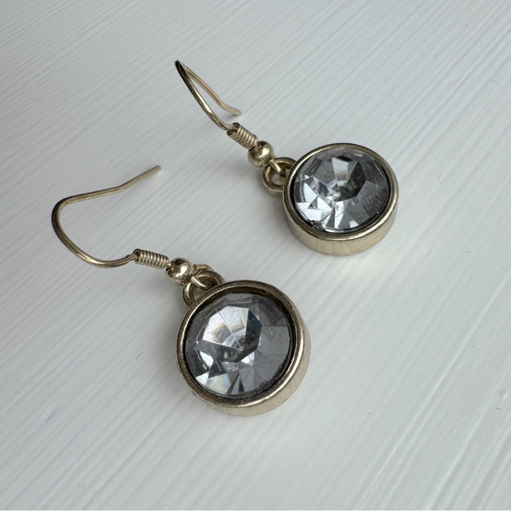 Gold Statement Earrings EUC Circle Crystal Drop Dangle Silver Gray Gemstone